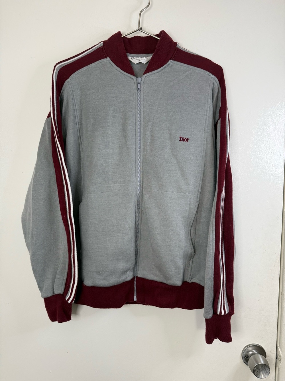 Christian Dior, vintage men’s burgundy and gray full zip track jacket. XL